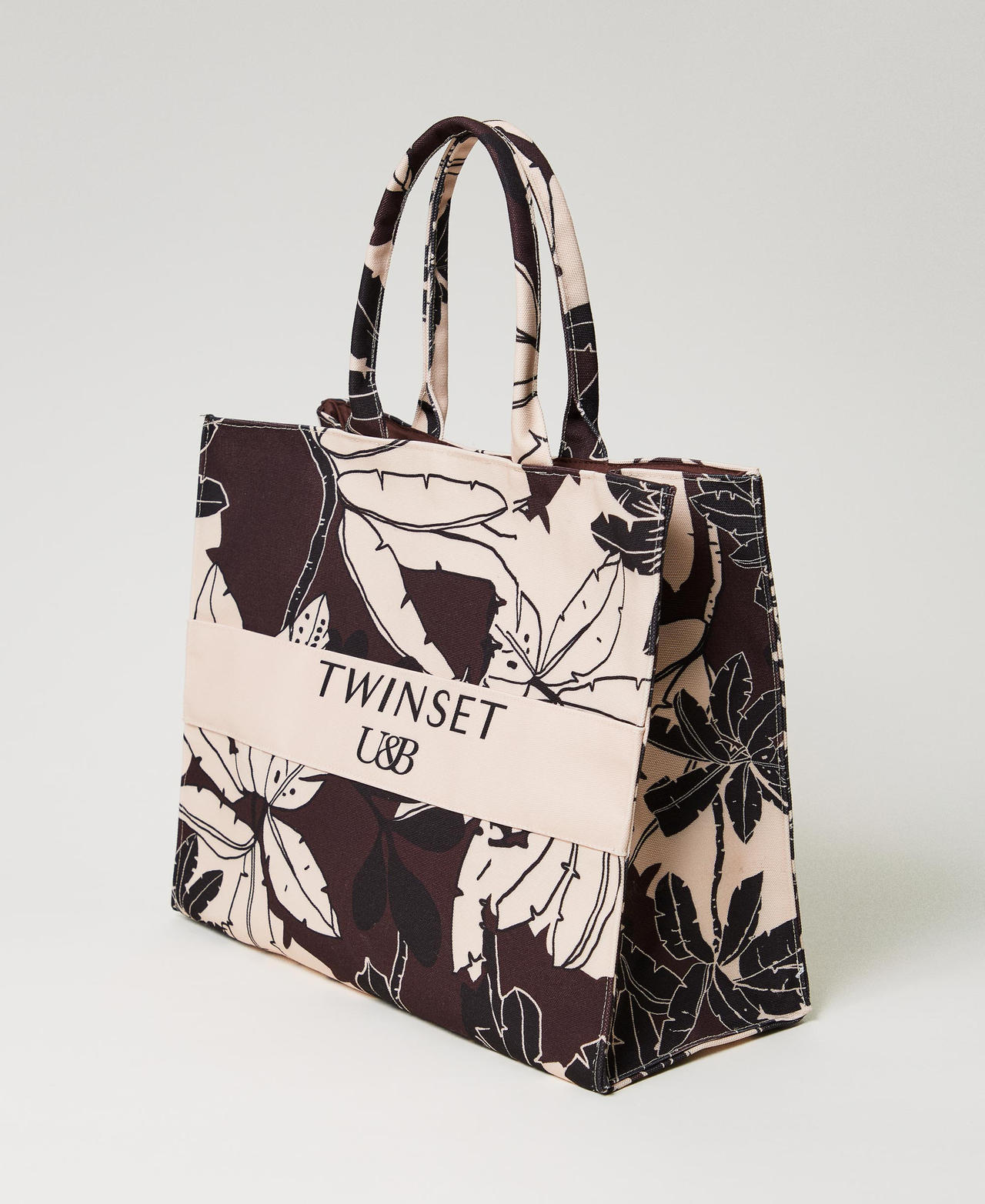 Floral canvas shopper “Bitter Chocolate" Brown Exotic Print Woman 241LM8ACC_11577_02