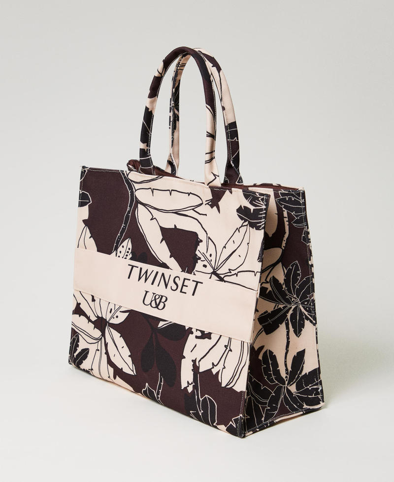 Floral canvas shopper “Bitter Chocolate" Brown Exotic Print Woman 241LM8ACC_11577_02