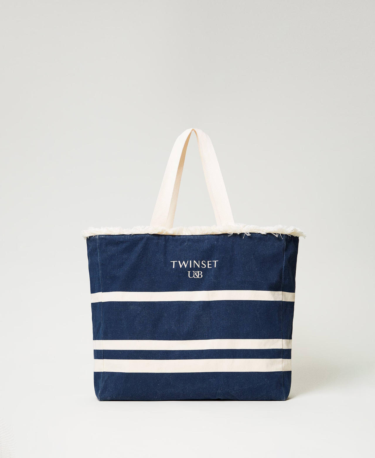 Twinset Plage - Cabas En Toile Avec Rayures, Bicolore Rayure Noir « Blackout »/Star White, À Rayures, Taille Unique