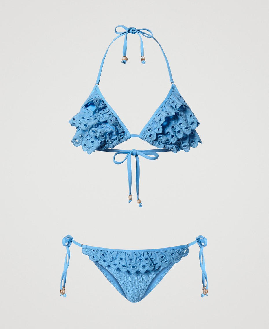 Triangle bikini top and thong set with broderie anglaise Cornflower Blue Woman 241LMMB23-0S