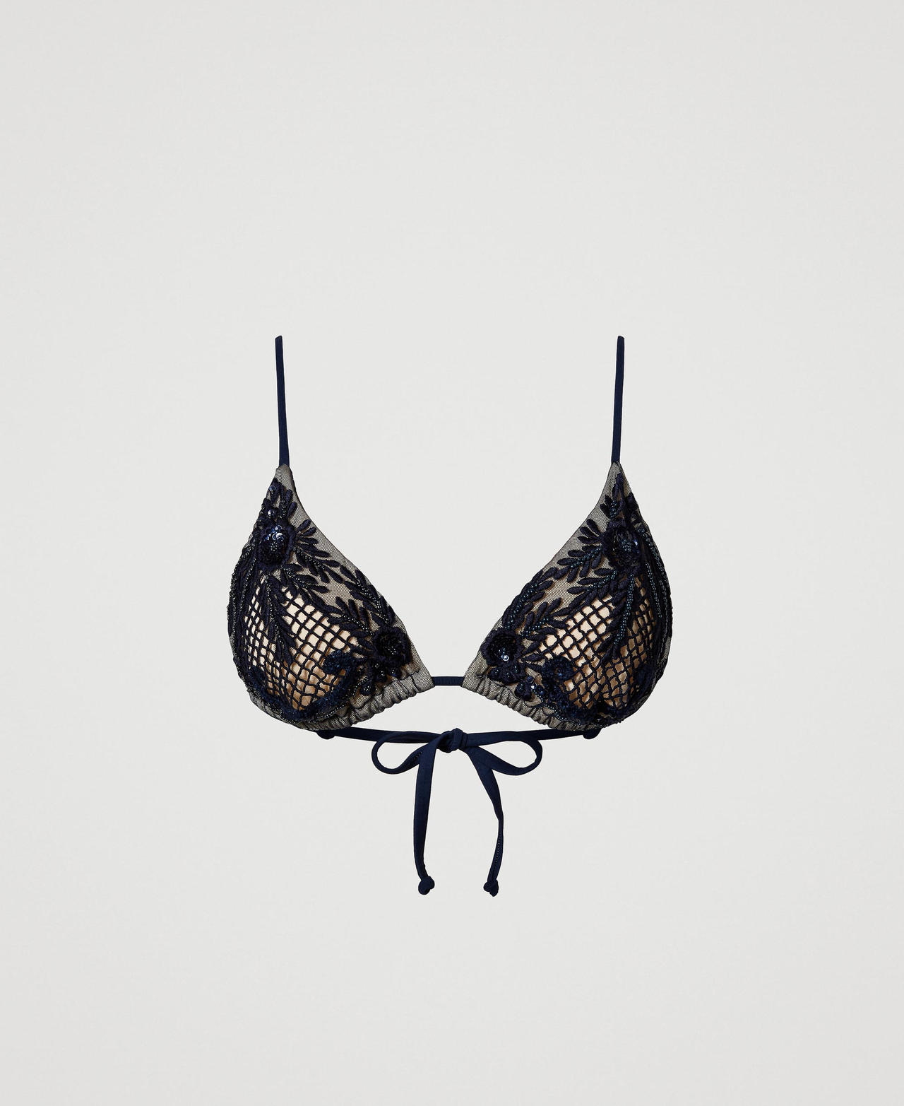 Triangle bikini top with macramé embroidery