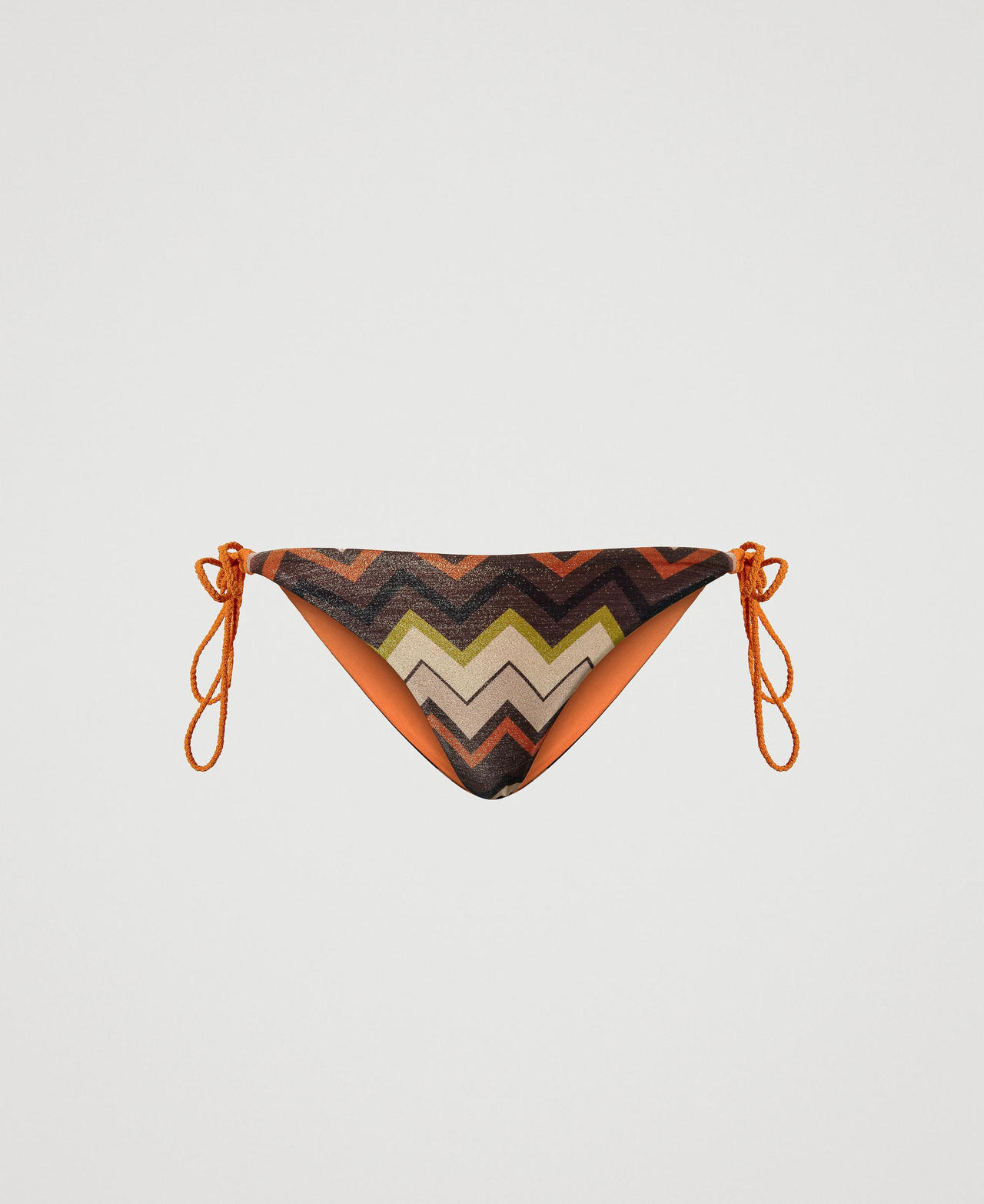 Lurex bikini thong with chevron print and laces “Bitter Chocolate" Brown Chevron Multicolour Woman 241LMMF89-0S