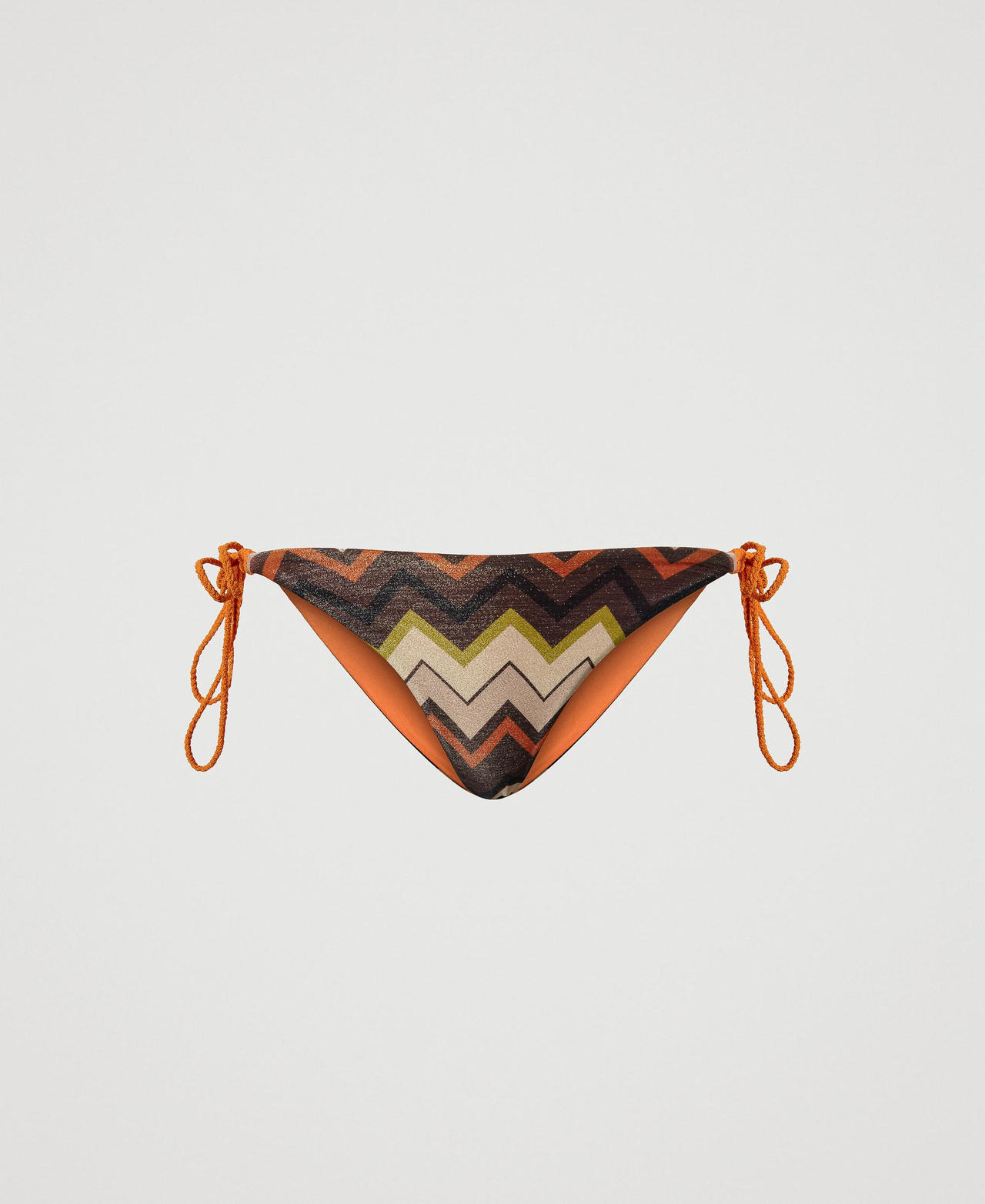 Lurex bikini thong with chevron print and laces