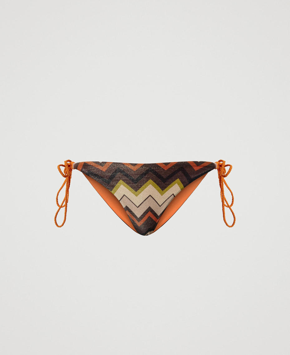 Lurex bikini thong with chevron print and laces “Bitter Chocolate" Brown Chevron Multicolour Woman 241LMMF89_11590_S0