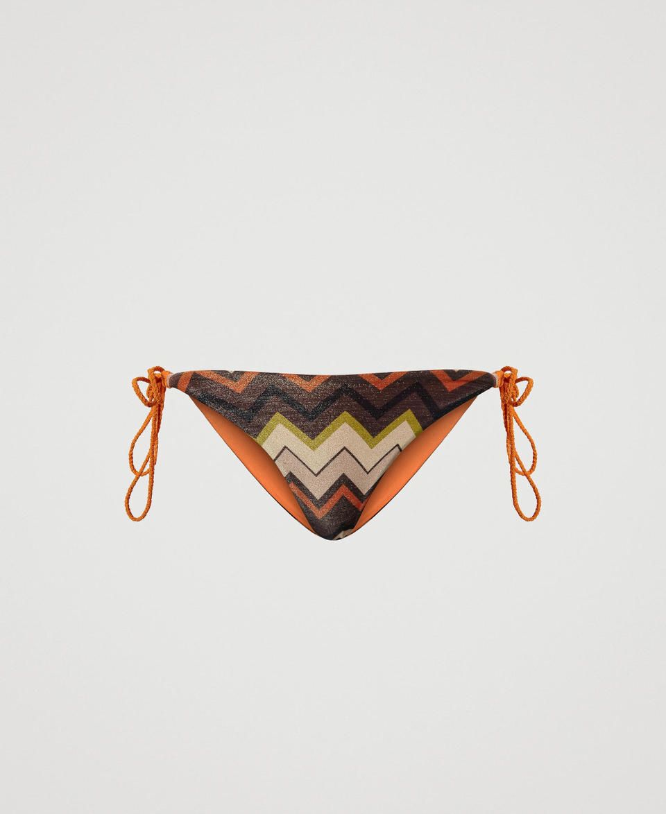 Lurex bikini thong with chevron print and laces “Bitter Chocolate" Brown Chevron Multicolour Woman 241LMMF89_11590_S0
