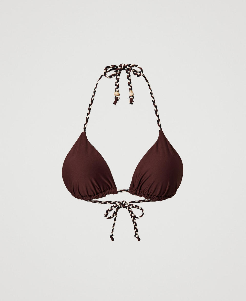Reversible triangle bikini top with floral print “Bitter Chocolate" Brown Exotic Print Woman 241LMMG22_11577_06