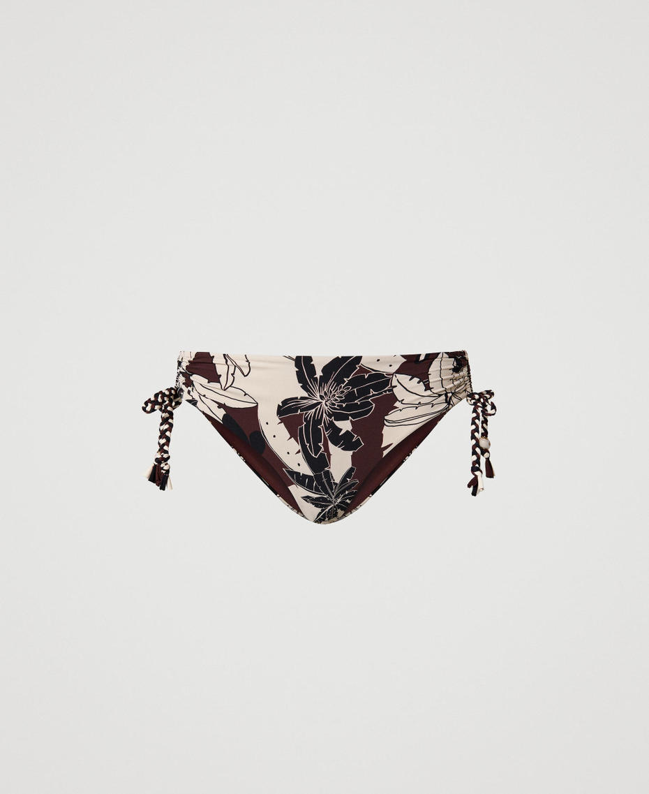 Bikini bottom with floral print and drawstring “Bitter Chocolate" Brown Exotic Print Woman 241LMMG99-0S