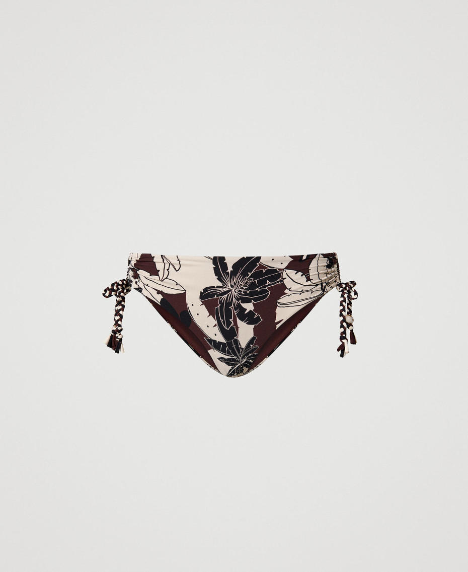 Bikini bottom with floral print and drawstring “Bitter Chocolate" Brown Exotic Print Woman 241LMMG99_11577_S0