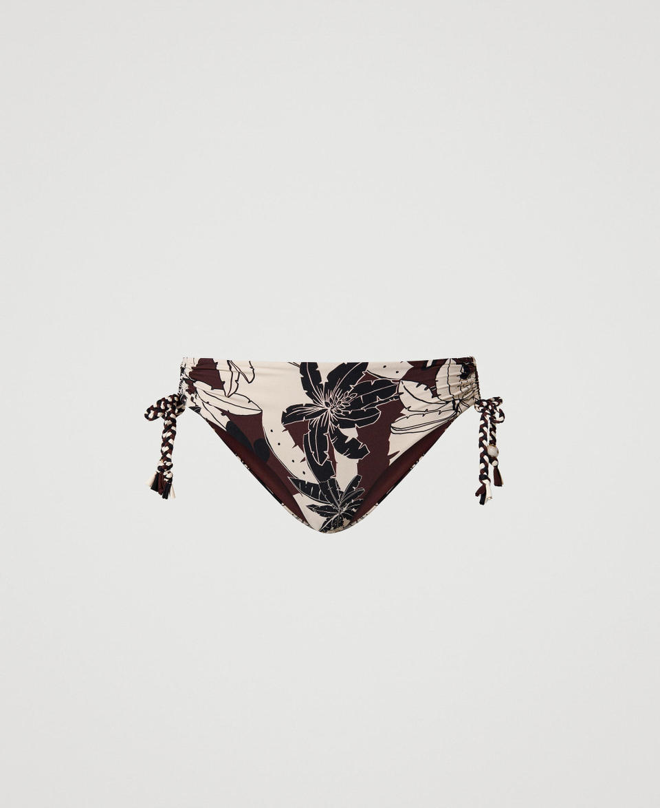 Bikini bottom with floral print and drawstring “Bitter Chocolate" Brown Exotic Print Woman 241LMMG99_11577_0S