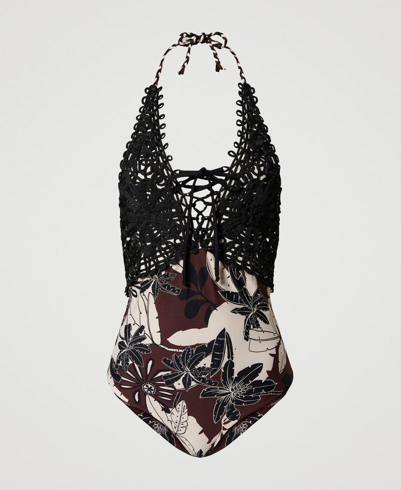 Floral one-piece swimsuit with crochet embroidery “Bitter Chocolate" Brown Exotic Print Woman 241LMMHZZ-0S