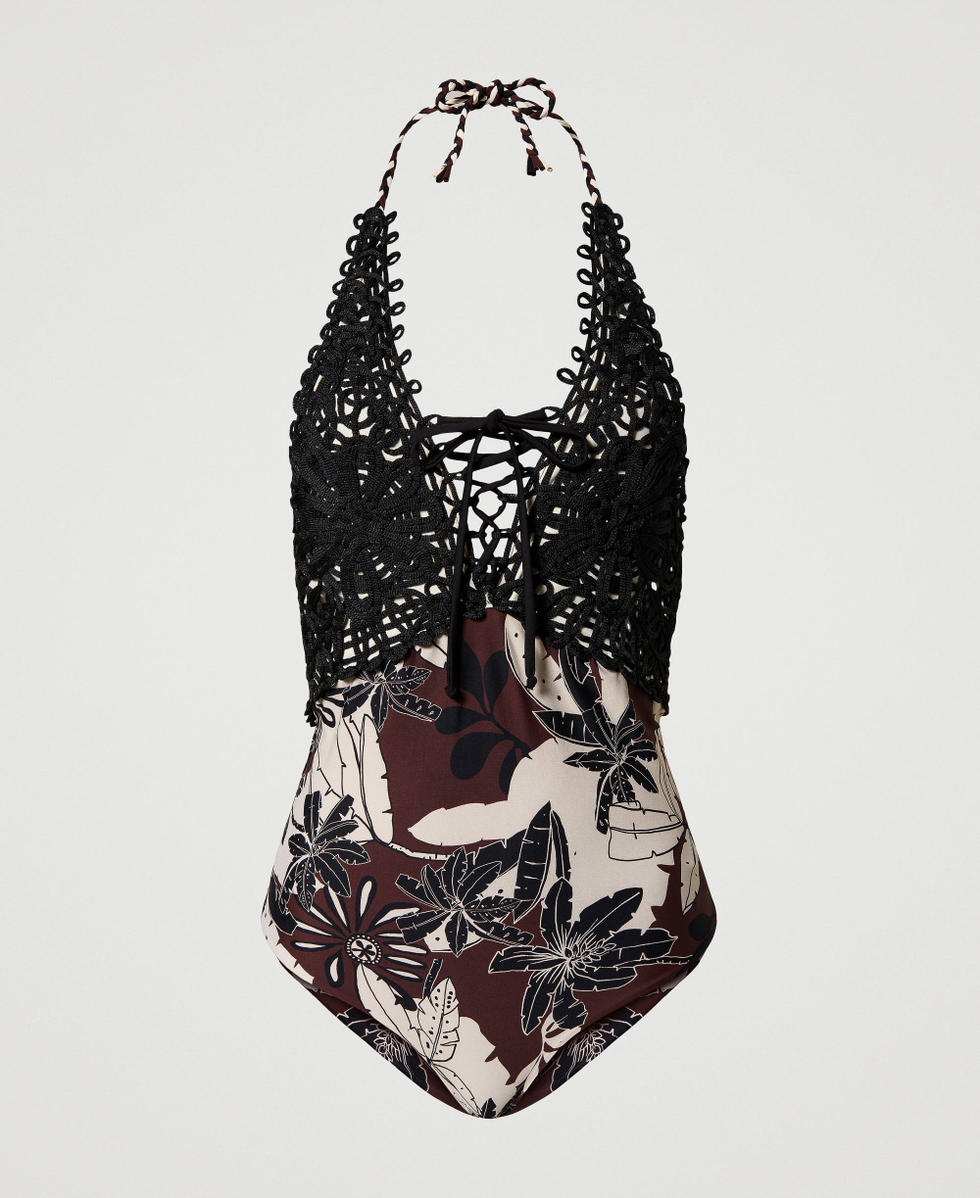 Floral one piece swimsuit with crochet embroidery Woman Brown TWINSET Milano
