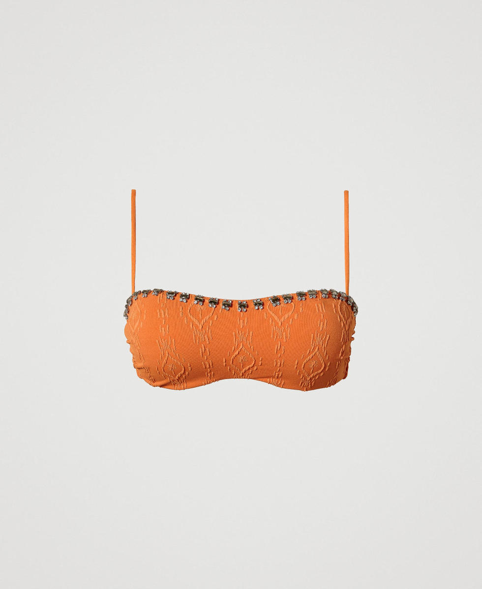 Bandeau bikini top with embossed design and embroidery