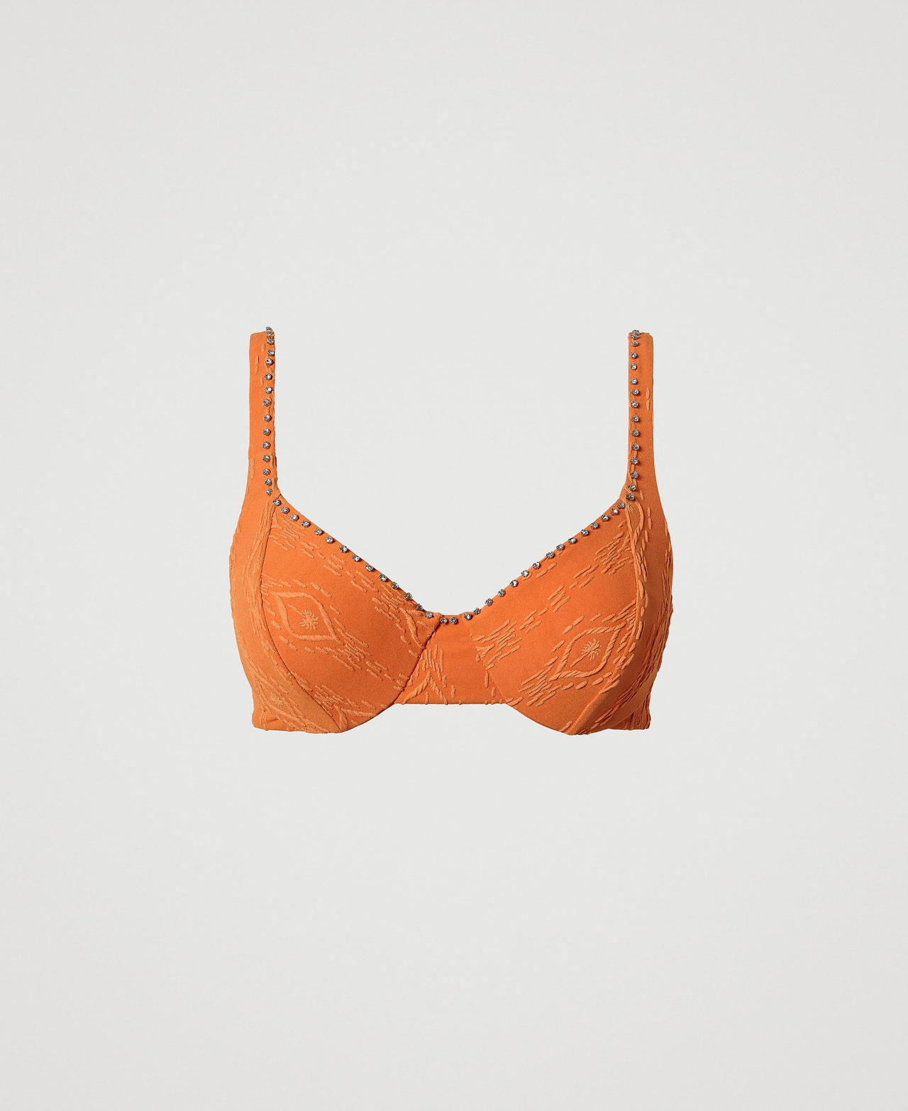 Underwire bikini top with embossed design and embroidery