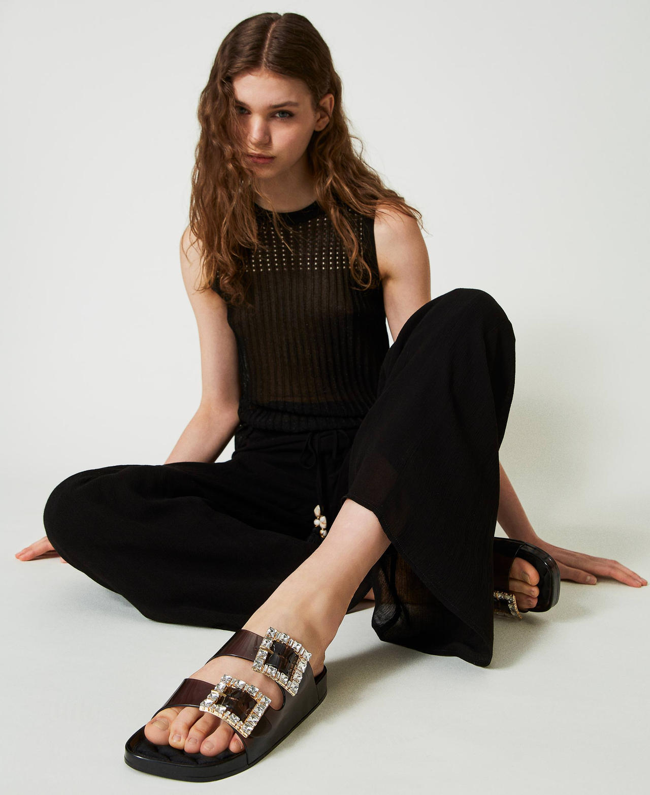 Slide sandals with buckle clearance