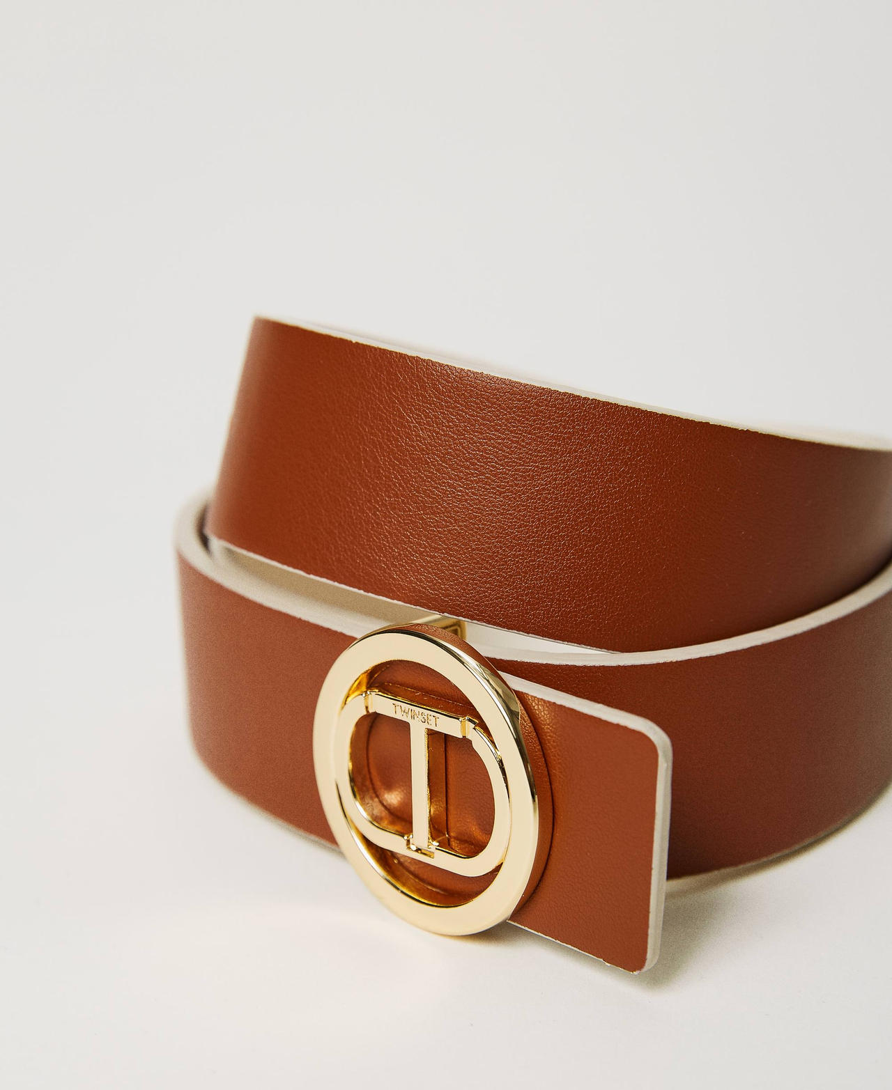 Reversible belt with Oval T buckle Two-tone Snow / “Leather” Brown Woman 241TA4040-03