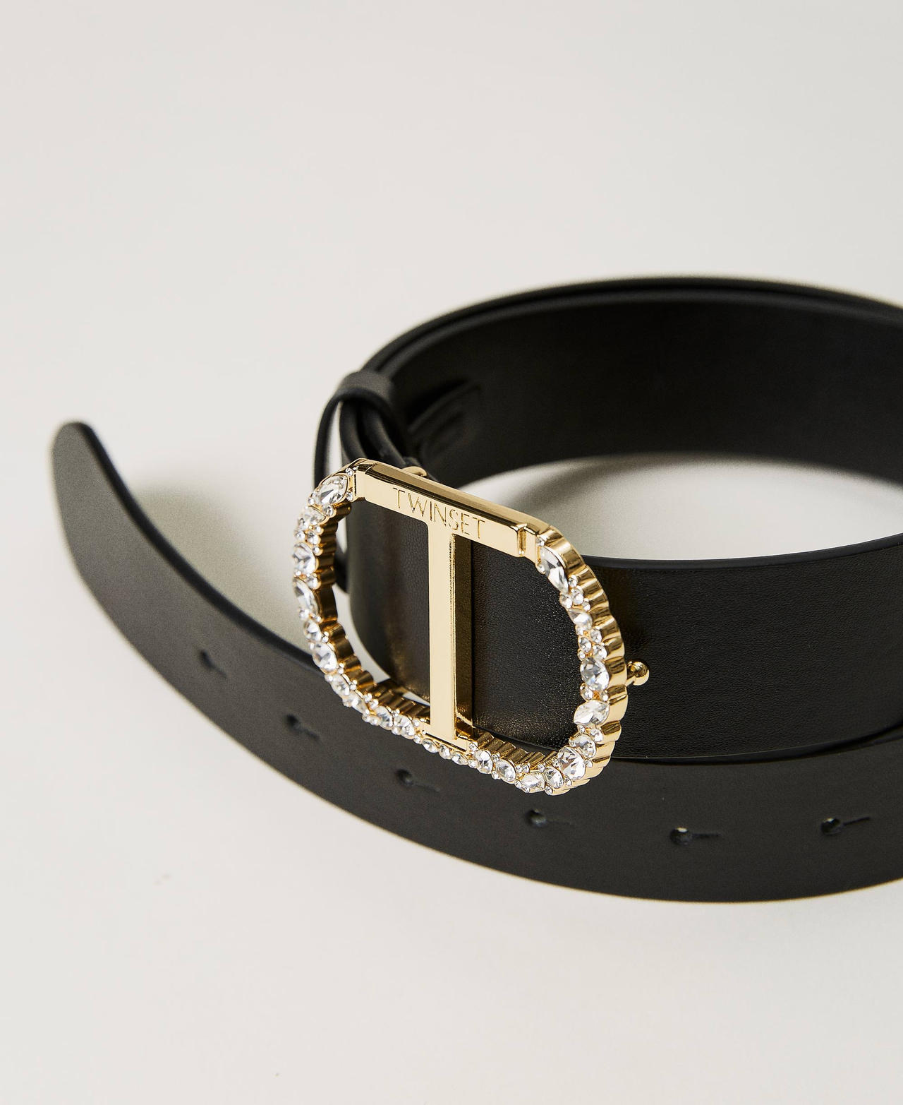 Reversible belt with rhinestone Oval T