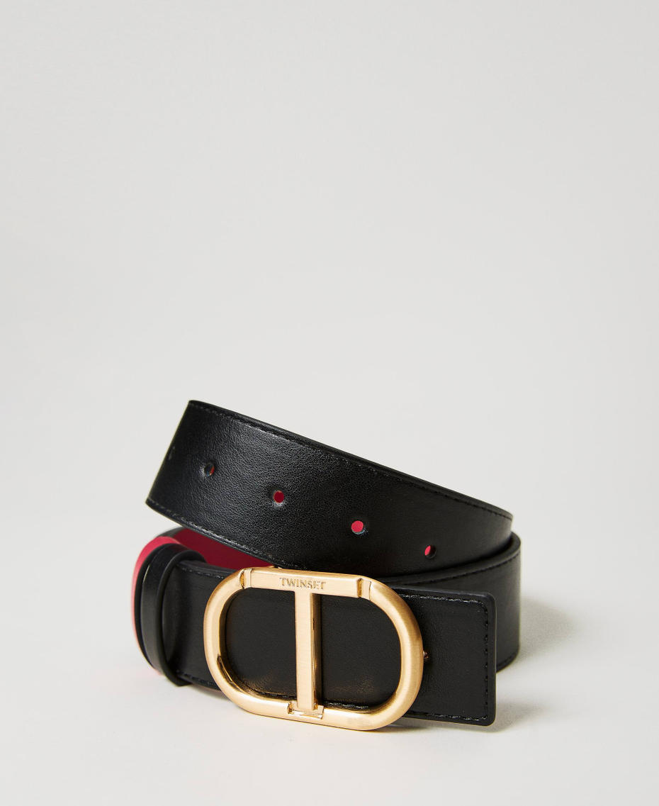 Reversible belt with double loop Two-tone Black / “Bright Rose” Pink Woman 241TA4121_11421_03