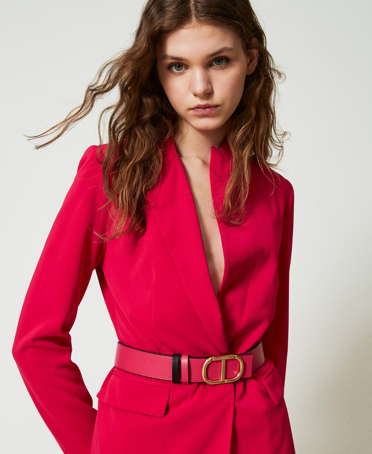 Reversible belt with double loop Two-tone Black / “Bright Rose” Pink Woman 241TA4121_11421_0S