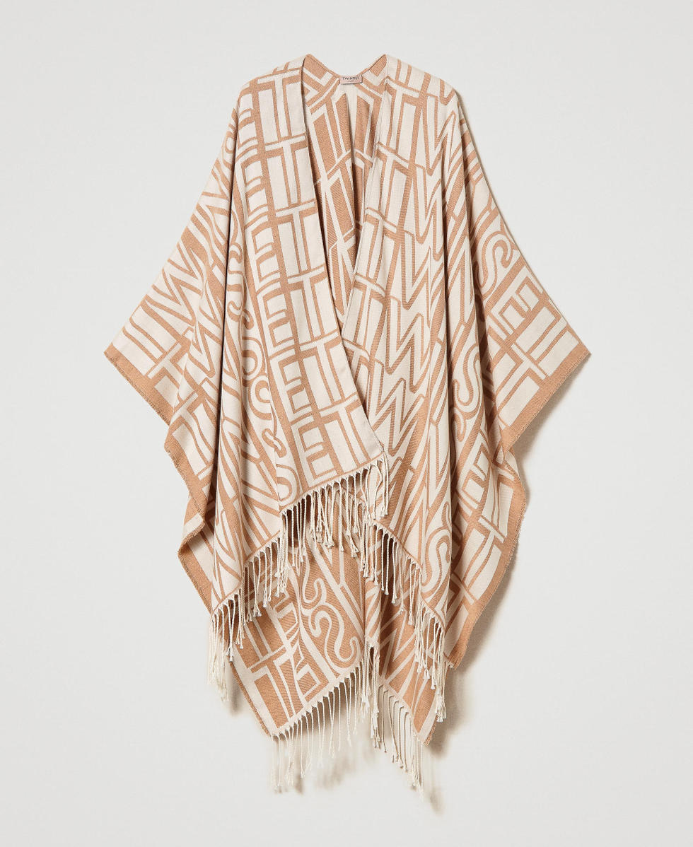 Jacquard poncho with logo and fringes Woman, Beige | TWINSET Milano