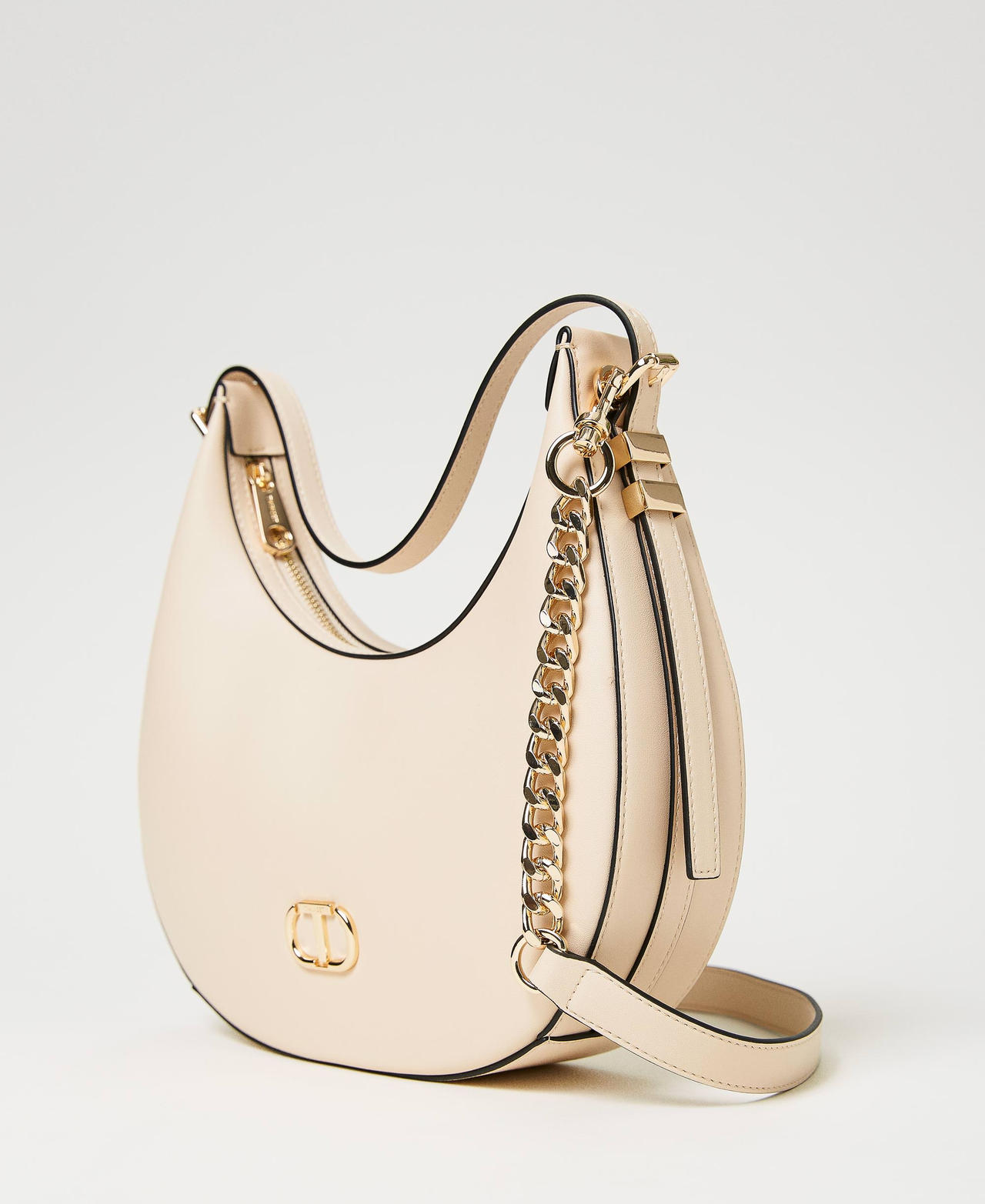 Hobo bag with Oval T "Almond Milk” Beige Woman 241TB7066-02