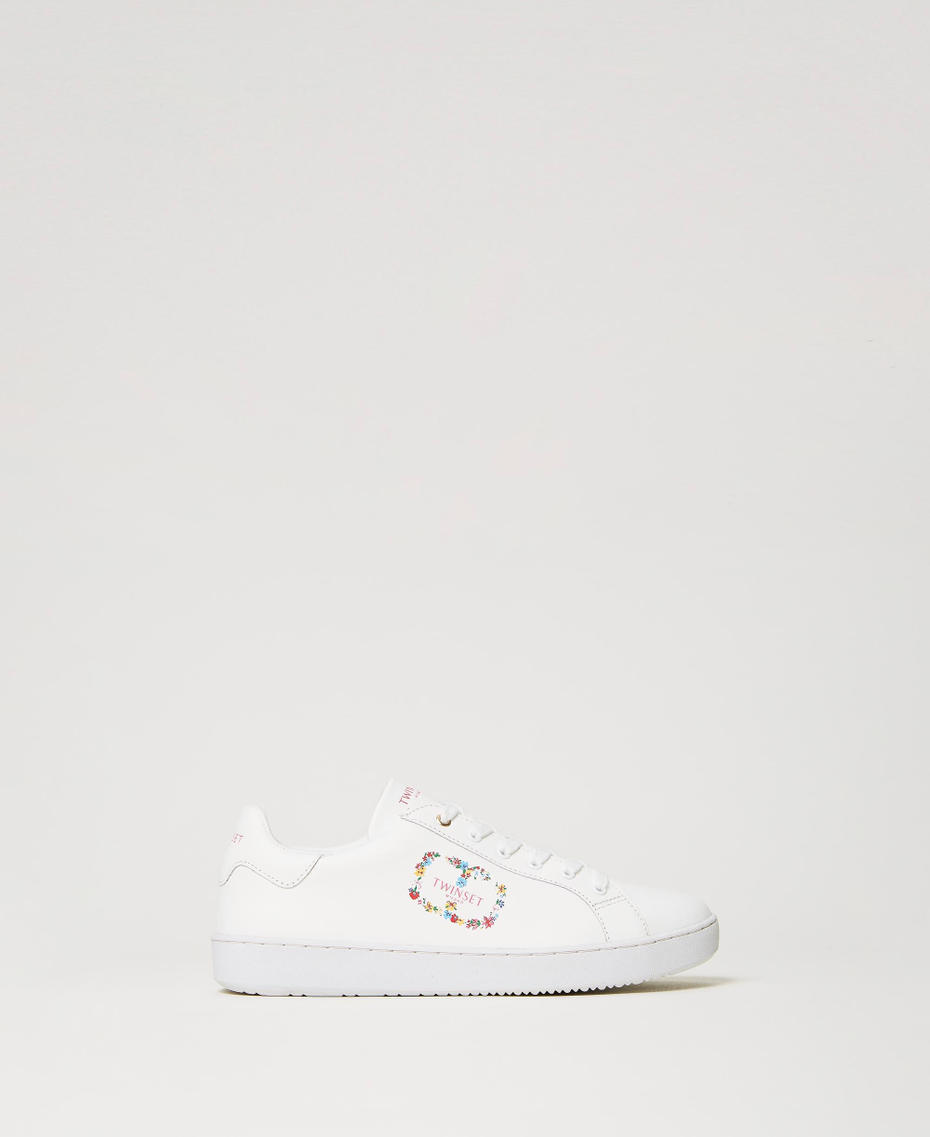 Leather trainers with floral Oval T White Woman 241TCP046-01