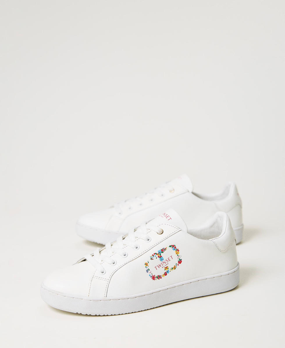 Leather trainers with floral Oval T Woman White TWINSET Milano