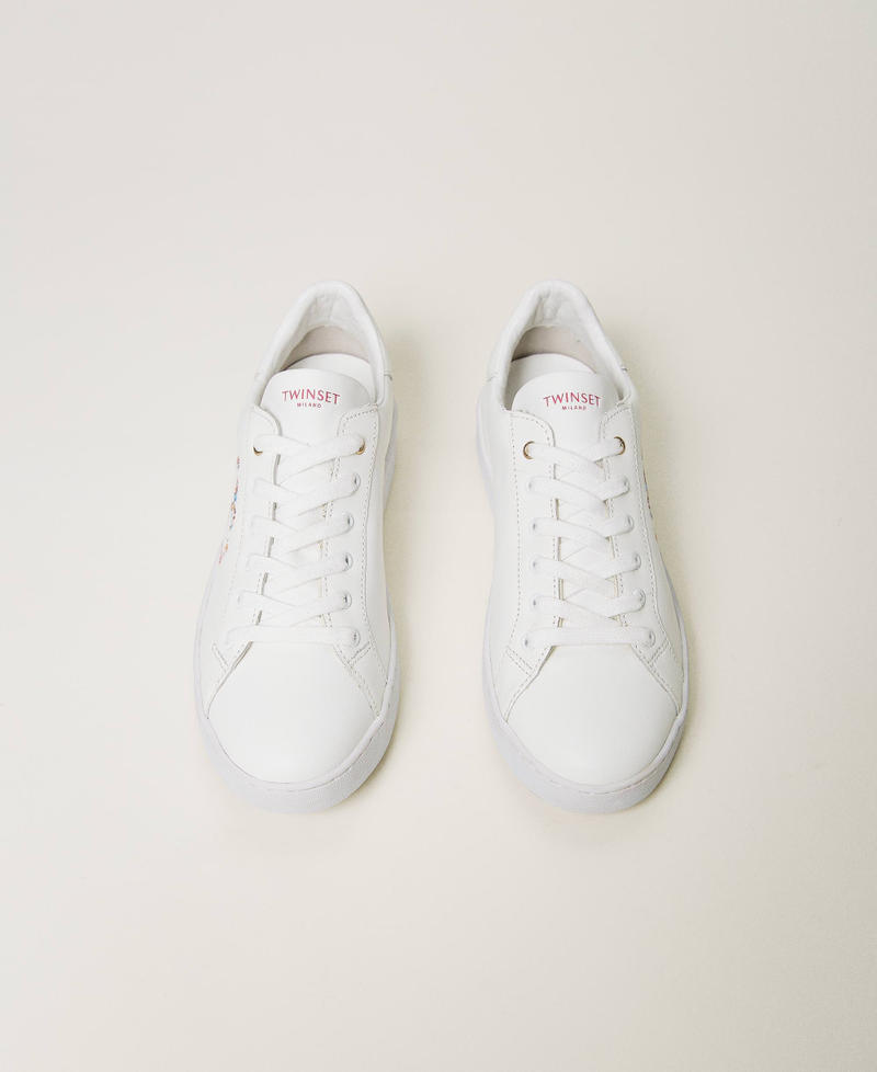 Leather trainers with floral Oval T White Woman 241TCP046-04