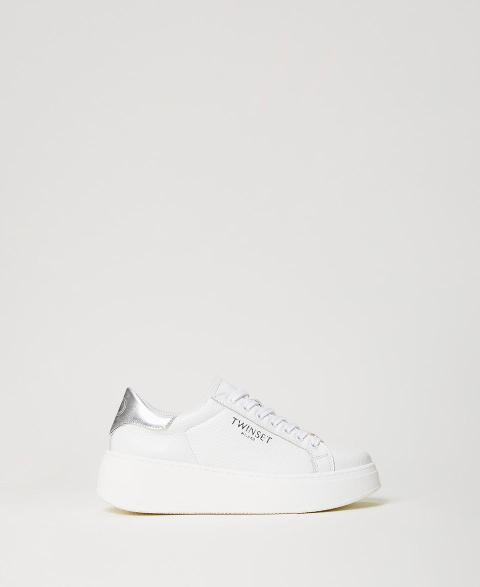 Sneakers platform in pelle Bicolor Bianco Ottico / Argento Donna 241TCP050_07200_01