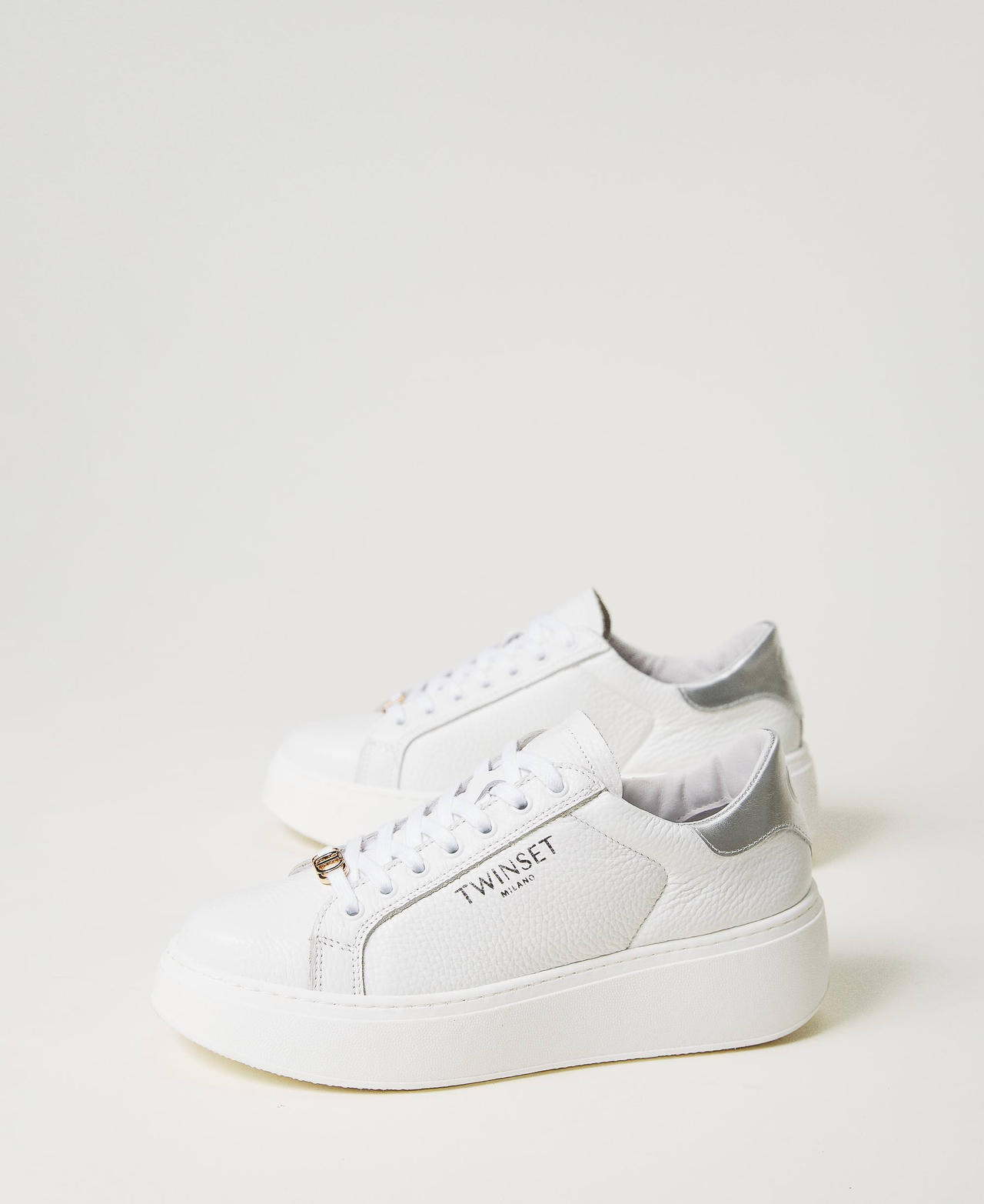Sneakers platform in pelle Bicolor Bianco Ottico / Argento Donna 241TCP050_07200_02