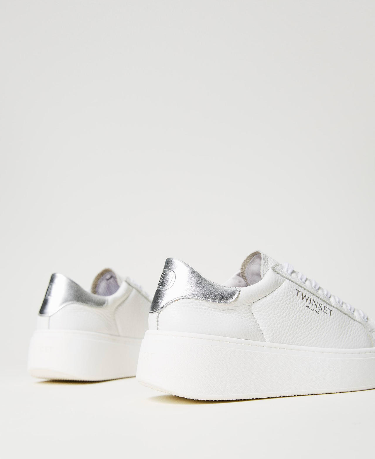Sneakers platform in pelle Bicolor Bianco Ottico / Argento Donna 241TCP050_07200_03