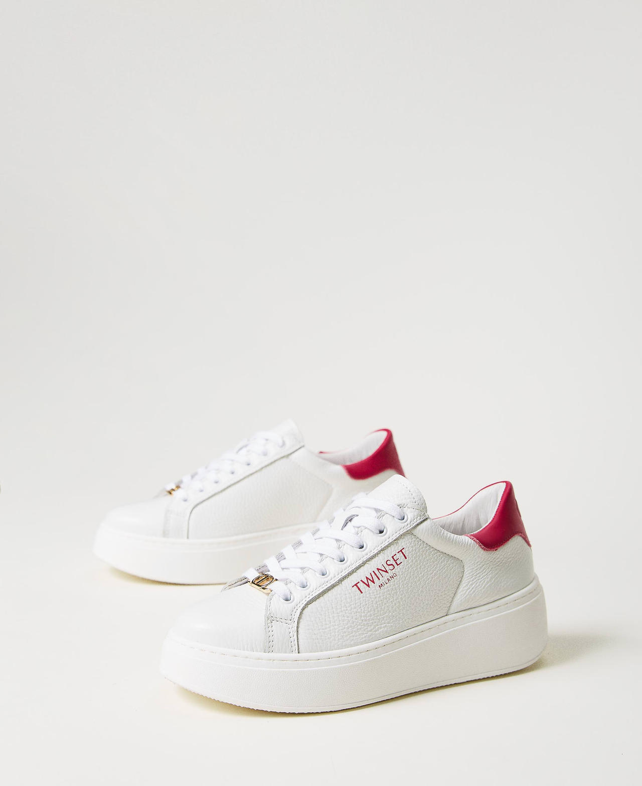 Sneakers platform in pelle Bicolor Bianco Ottico / Rosa "Bright Rose" Donna 241TCP050-02