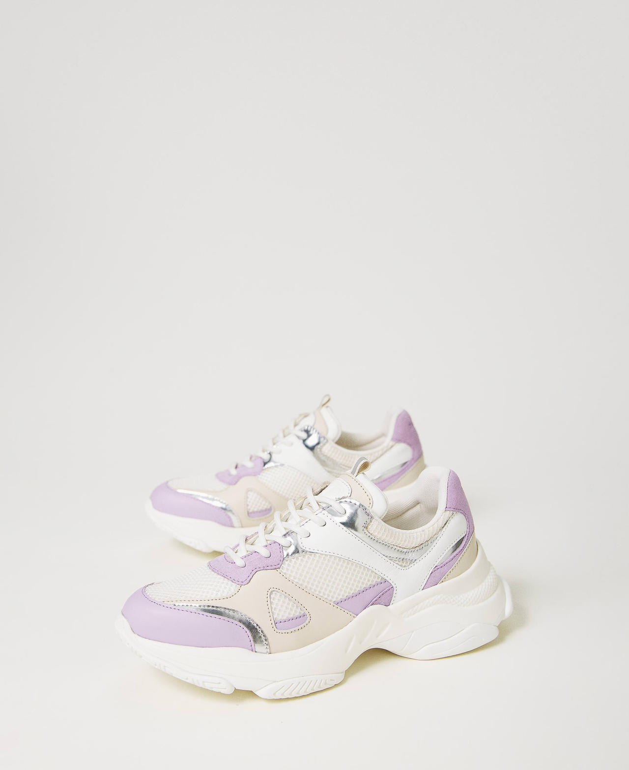 Sneakers running in pelle con inserti Bicolor Bianco Ottico / Viola "Campanula" Donna 241TCP090-02
