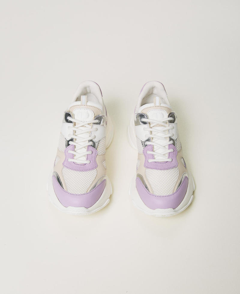 Sneakers running in pelle con inserti Bicolor Bianco Ottico / Viola "Campanula" Donna 241TCP090-04