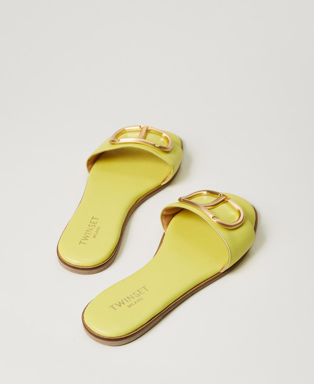 Leather slides with Oval T “Light Lemon” Yellow Woman 241TCP12A_04615_03