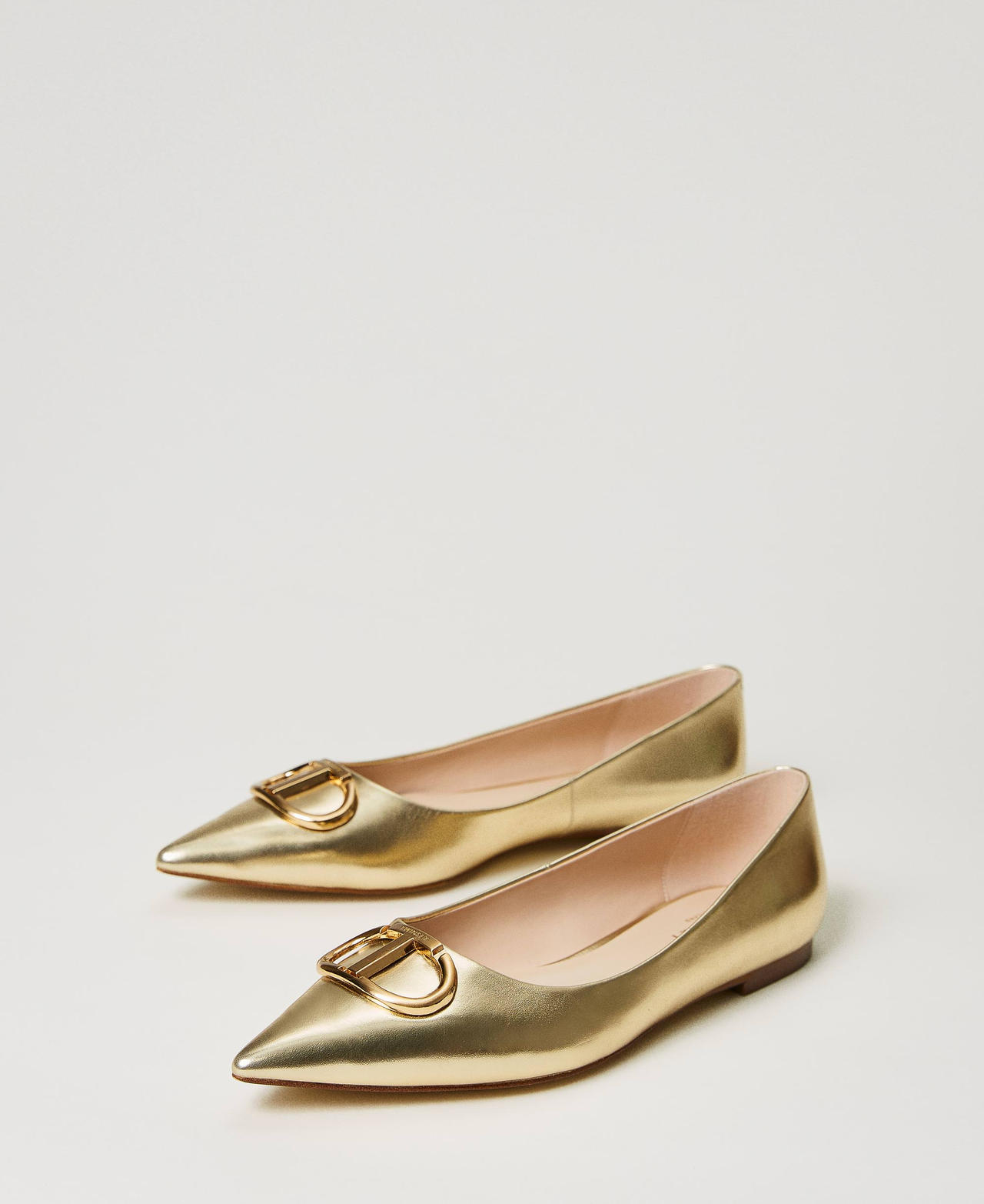 Laminated leather ballerina shoes with Oval T Woman Gold TWINSET Milano