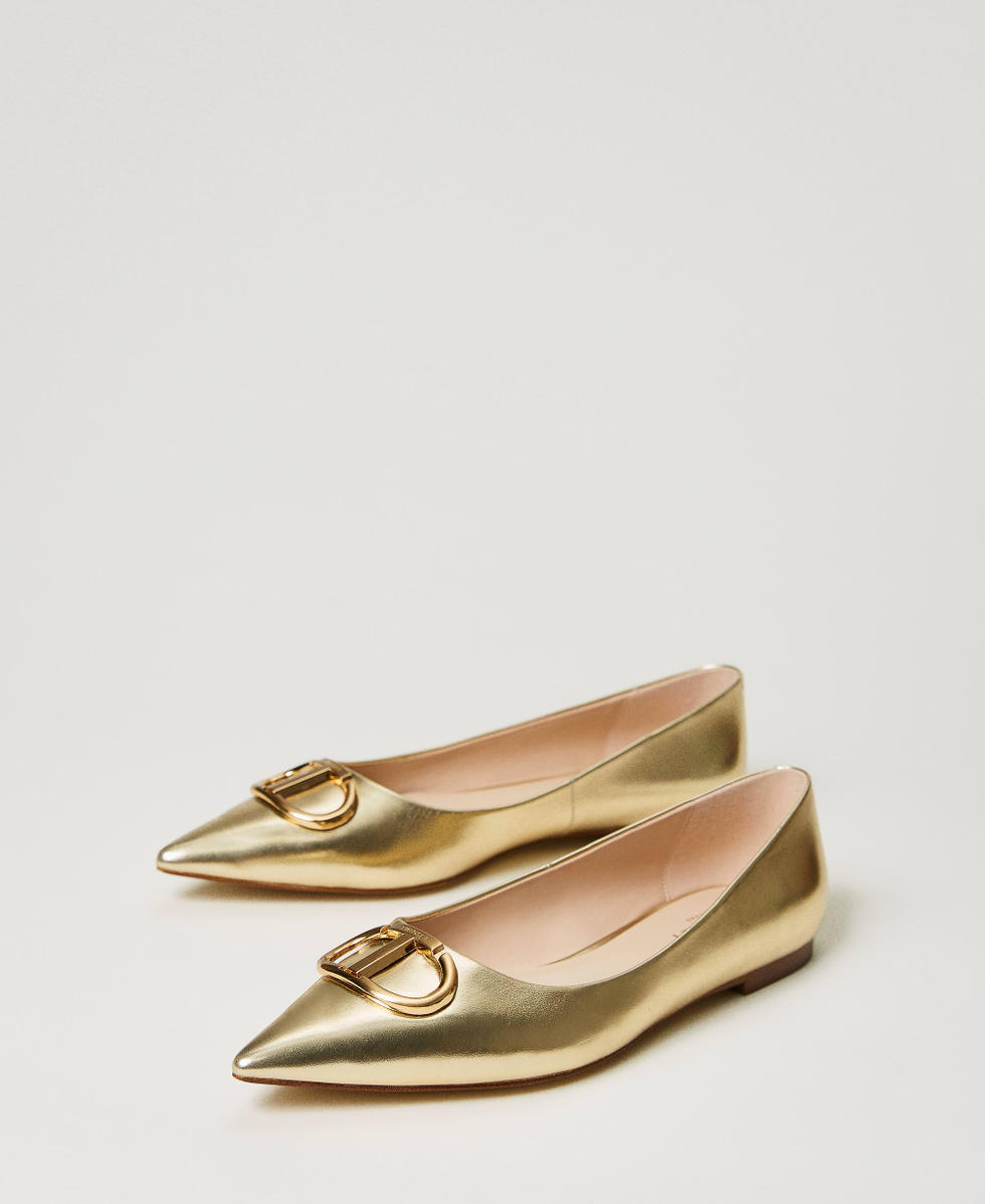 Laminated leather ballerina shoes with Oval T Woman Gold TWINSET Milano