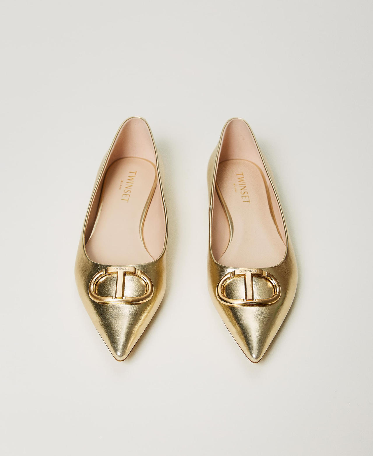 Laminated leather ballerina shoes with Oval T Woman Gold TWINSET Milano