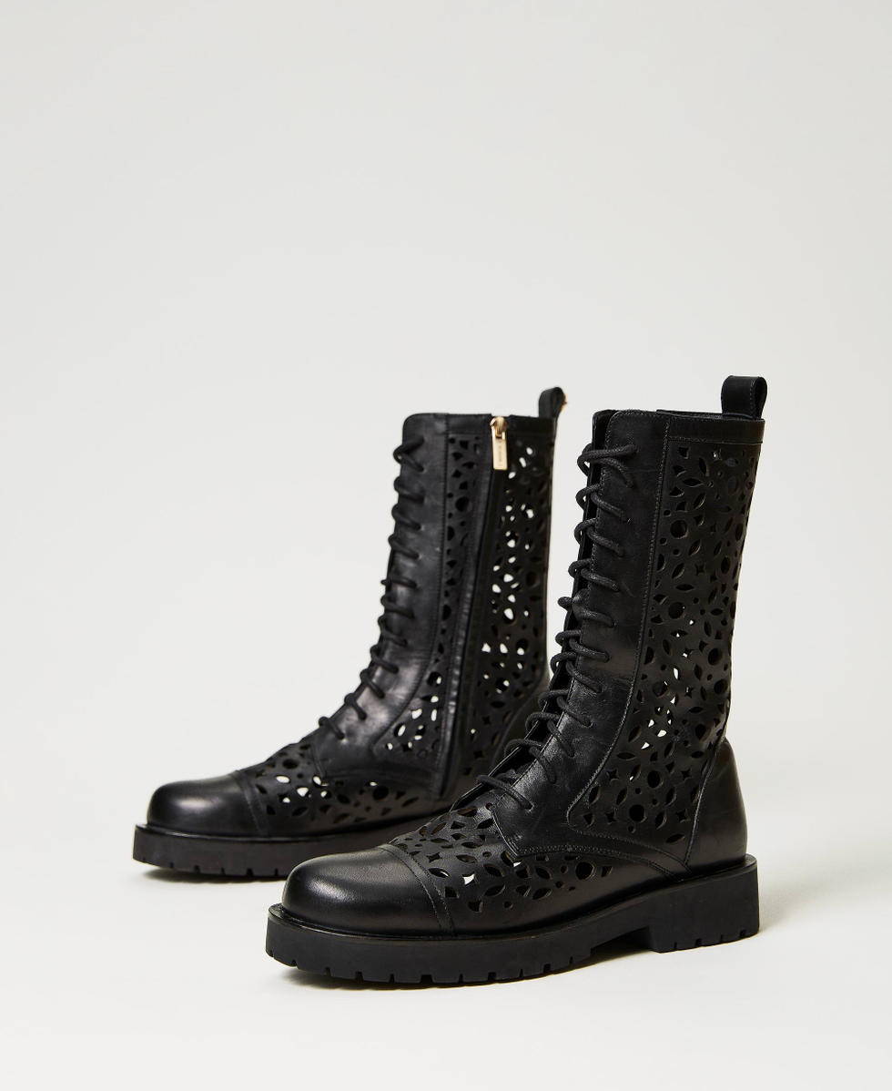 Bottines motardes en cuir ajour&eacute;