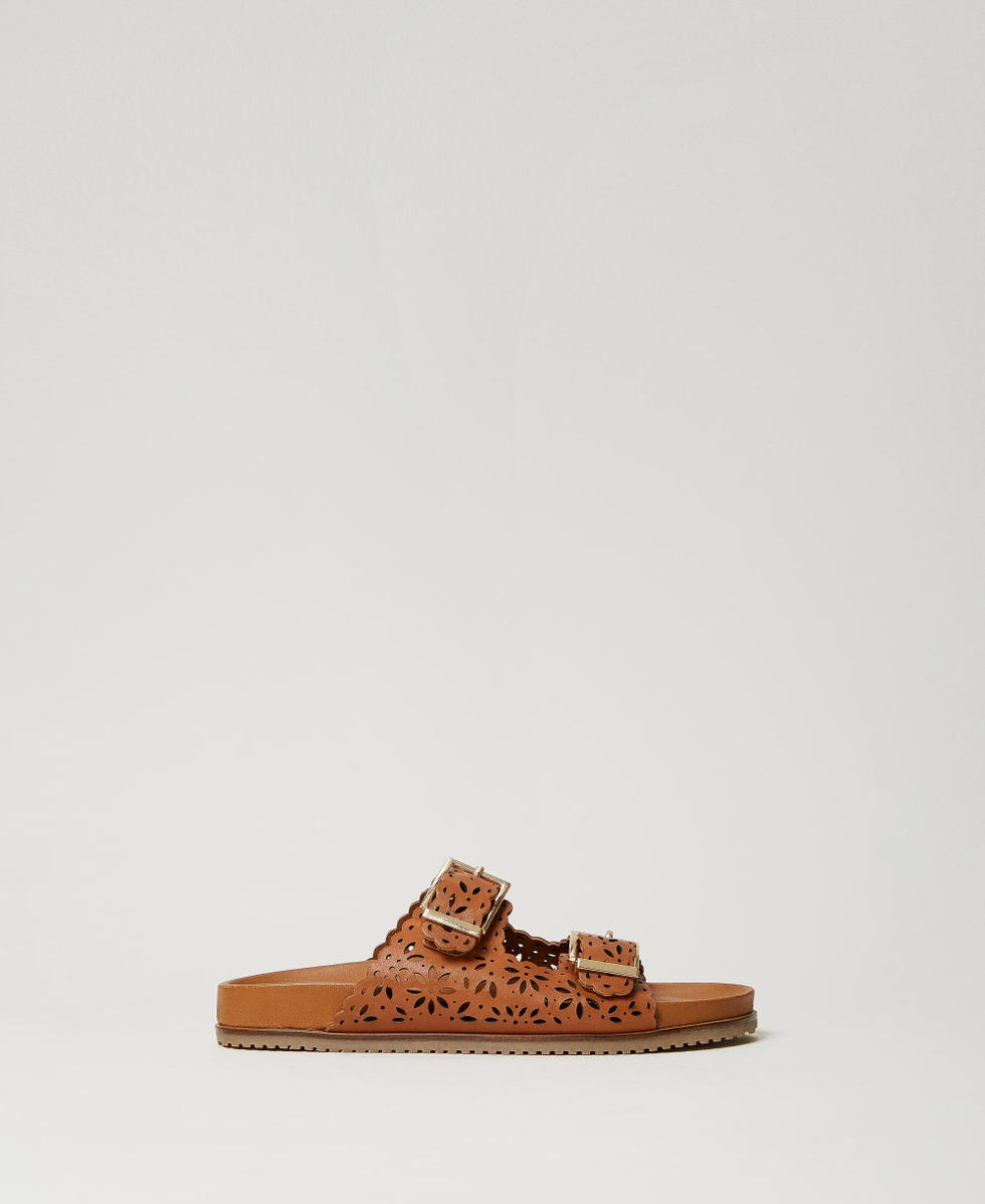 Lasered leather slides Leather Brown Woman 241TCT018_00057_01