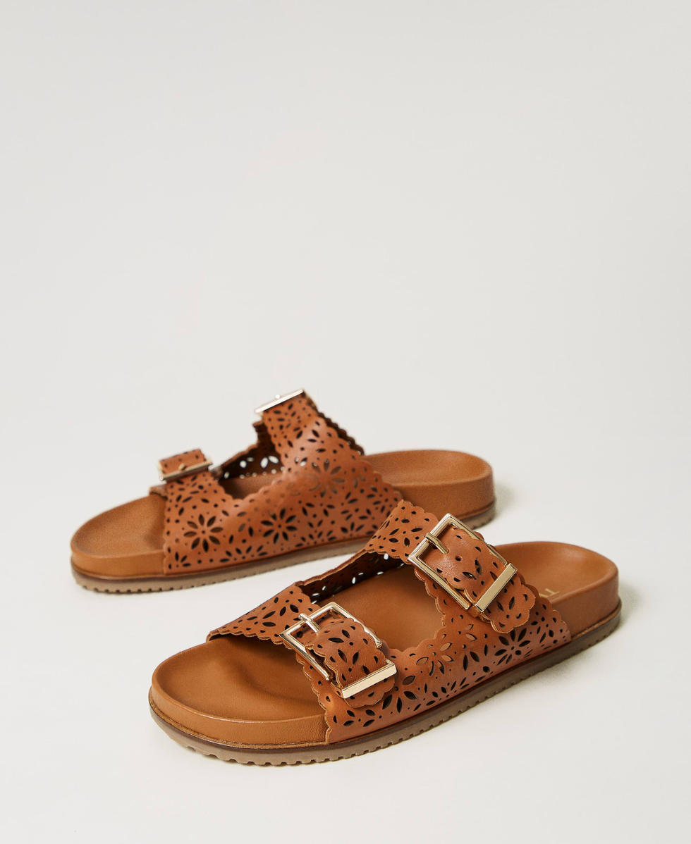 Lasered leather slides Leather Brown Woman 241TCT018_00057_02