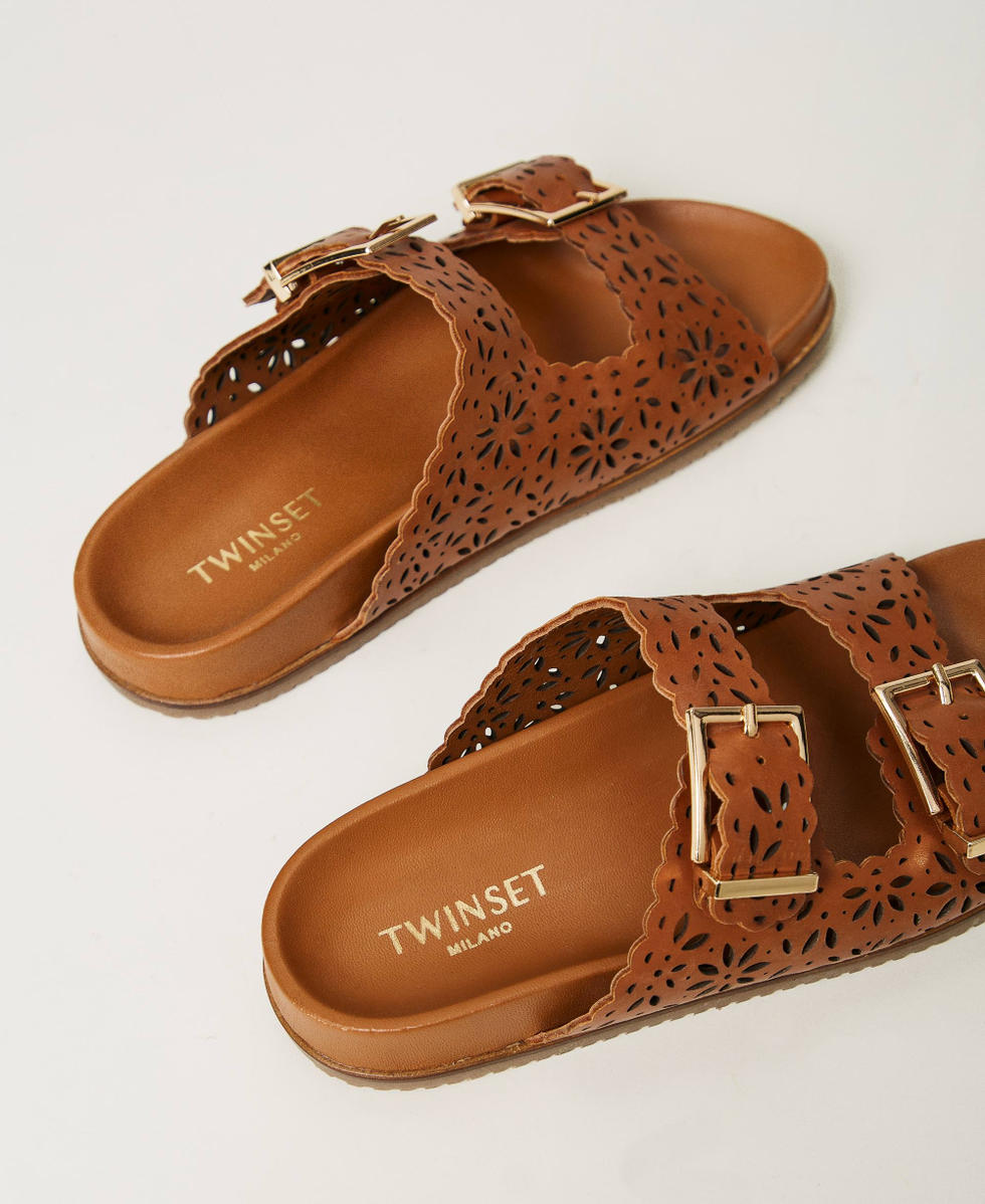 Lasered leather slides Leather Brown Woman 241TCT018_00057_03