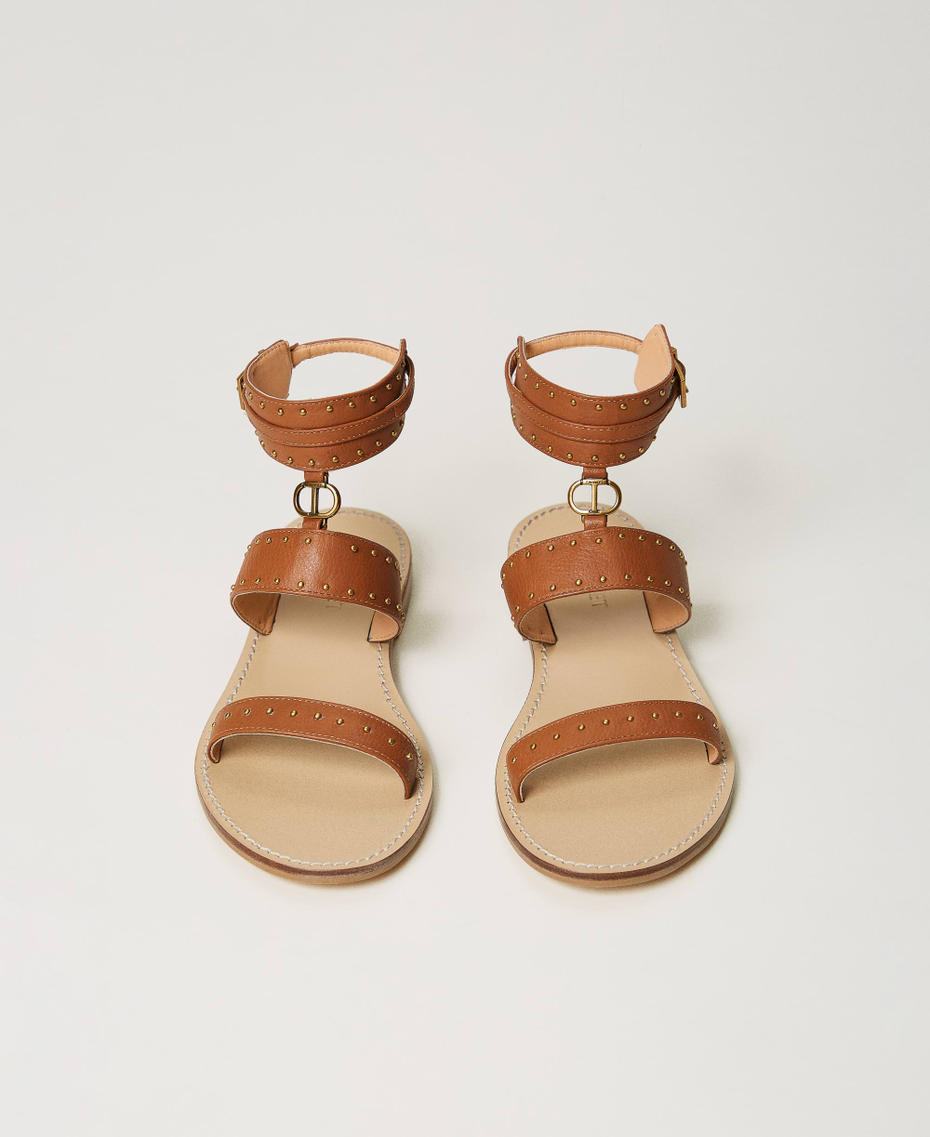 Flat leather sandals with studs Leather Brown Woman 241TCT050-04