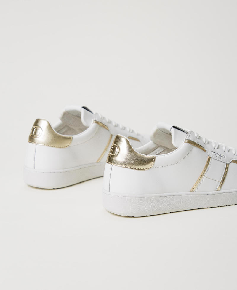 Leather trainers with laminated details Two-tone Optical White / Gold Woman 241TCT090-03