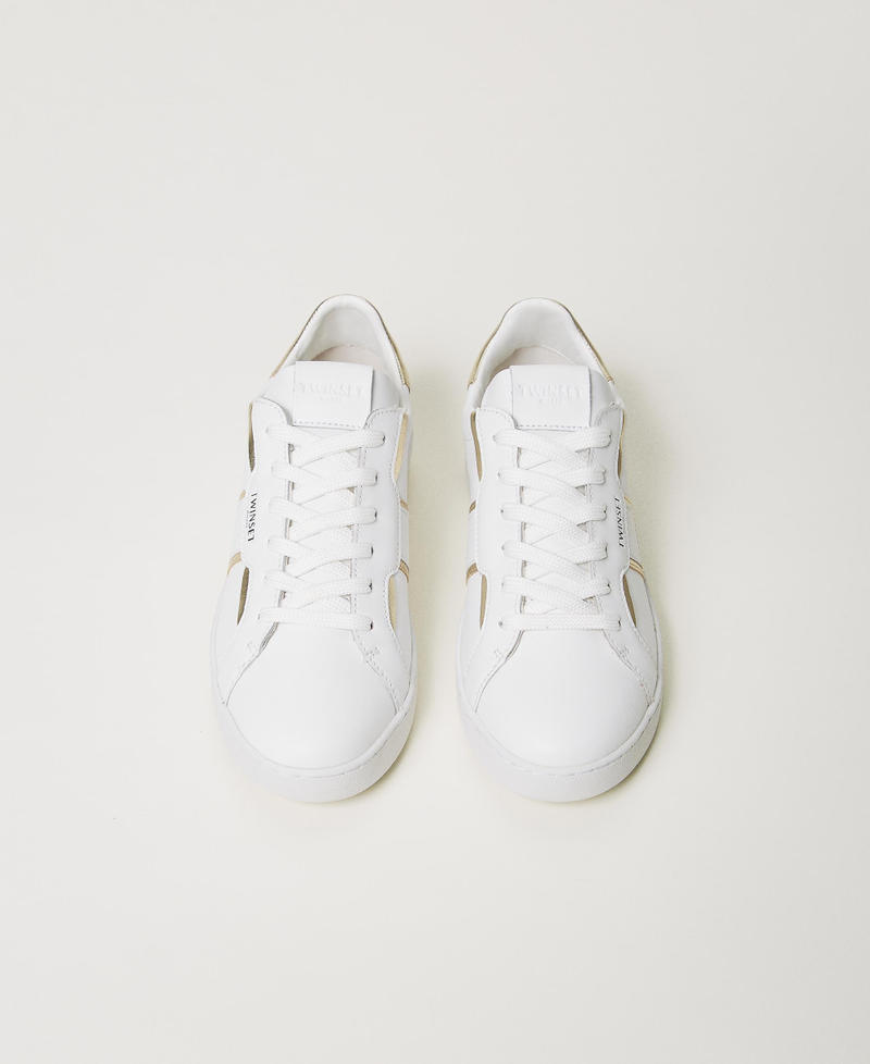 Leather trainers with laminated details Two-tone Optical White / Gold Woman 241TCT090-04