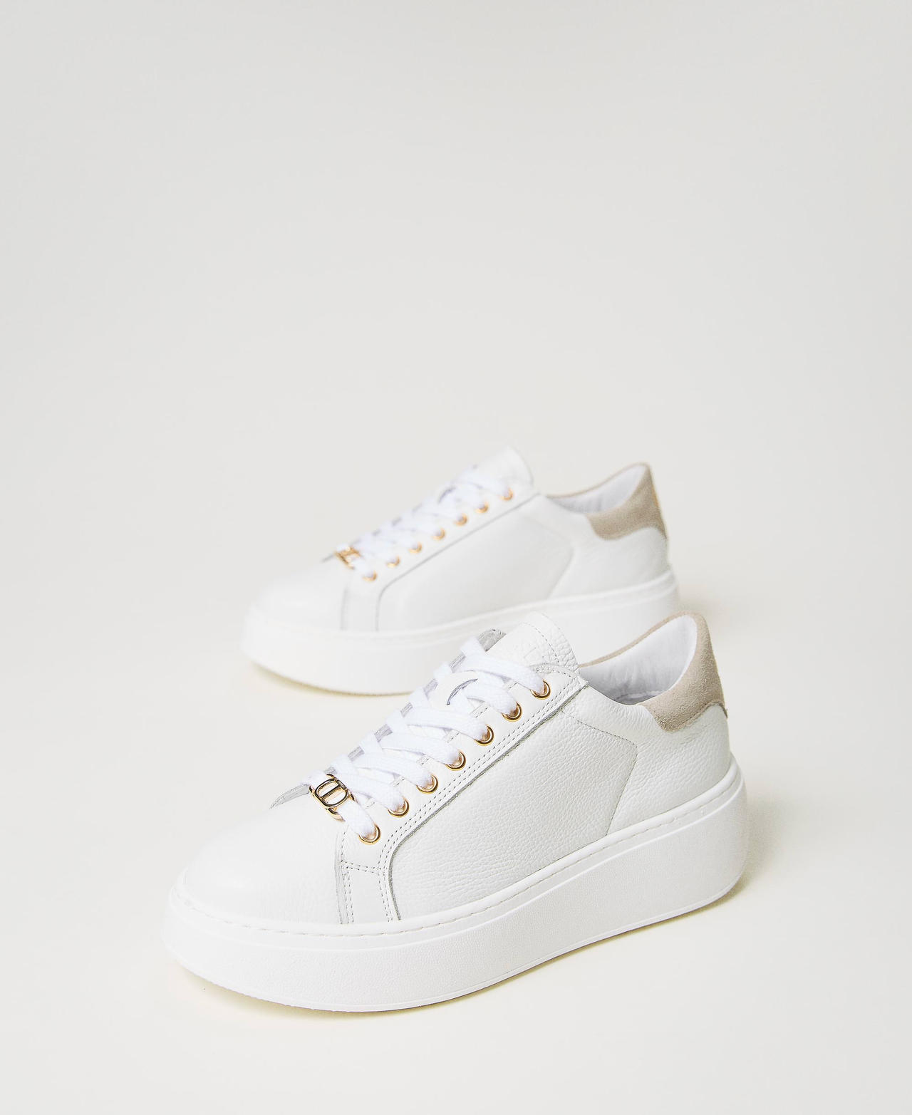Leather trainers with contrasting detail Two-tone Optical White / “Parchment” Beige Woman 241TCT094-02