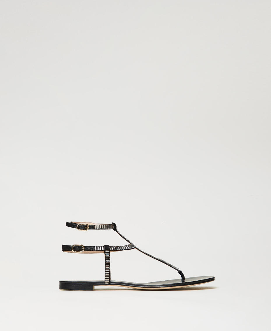 Flat thong sandals with rhinestones Black Woman 241TCT110-01