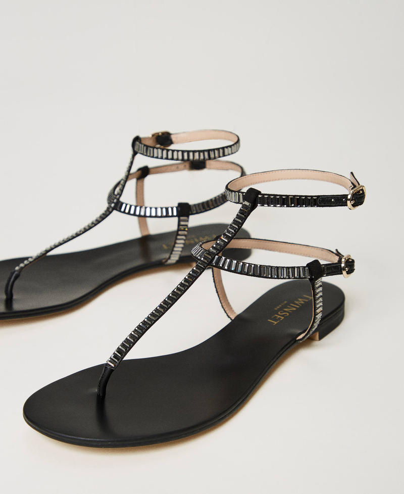 Flat thong sandals with rhinestones Black Woman 241TCT110-02