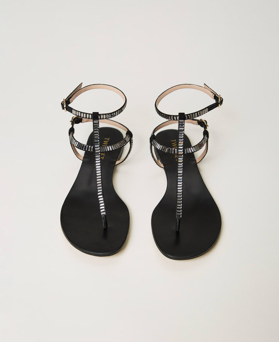 Flat thong sandals with rhinestones Black Woman 241TCT110-04