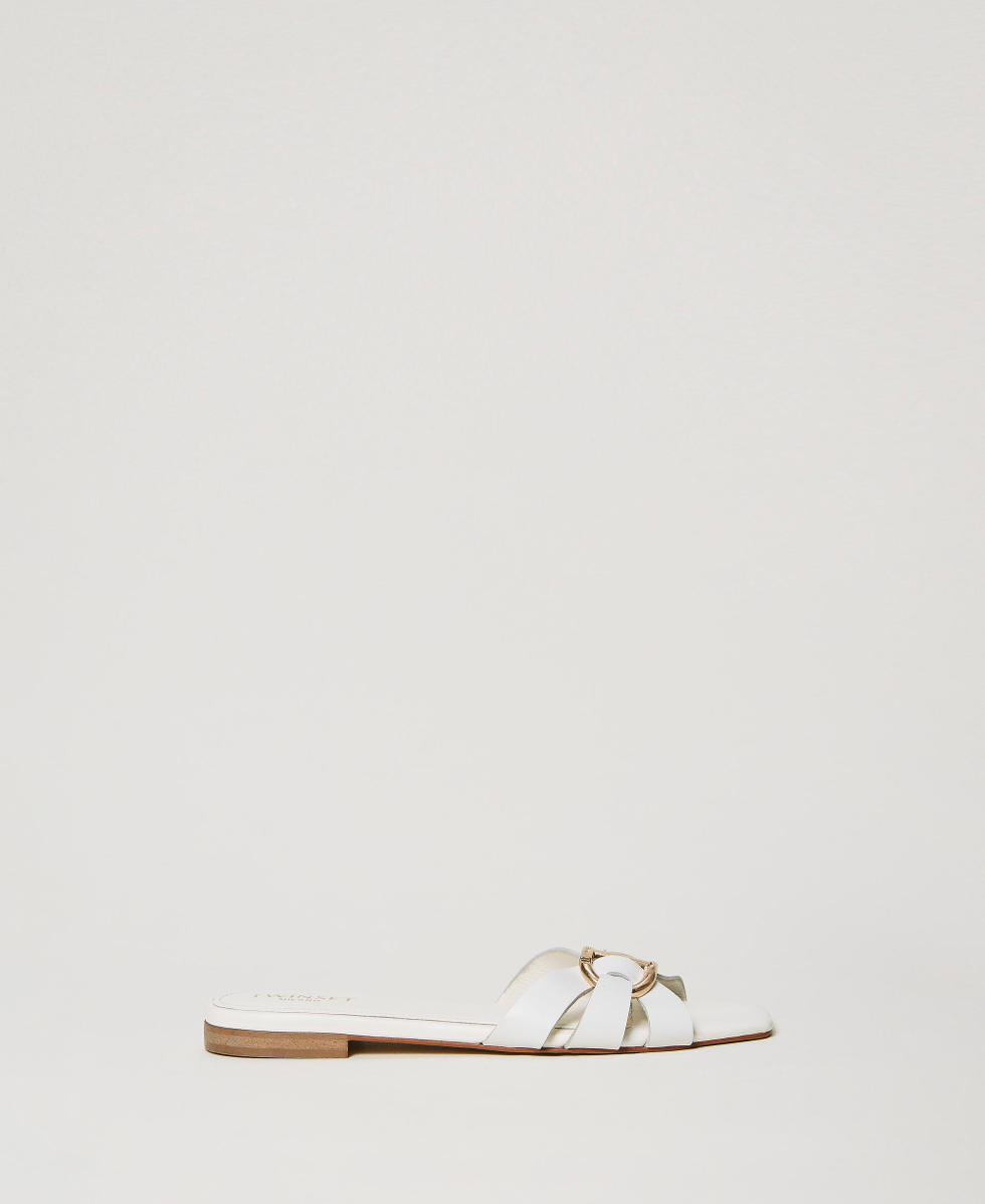 Leather slides with Oval T White Woman 241TCT120_00001_01
