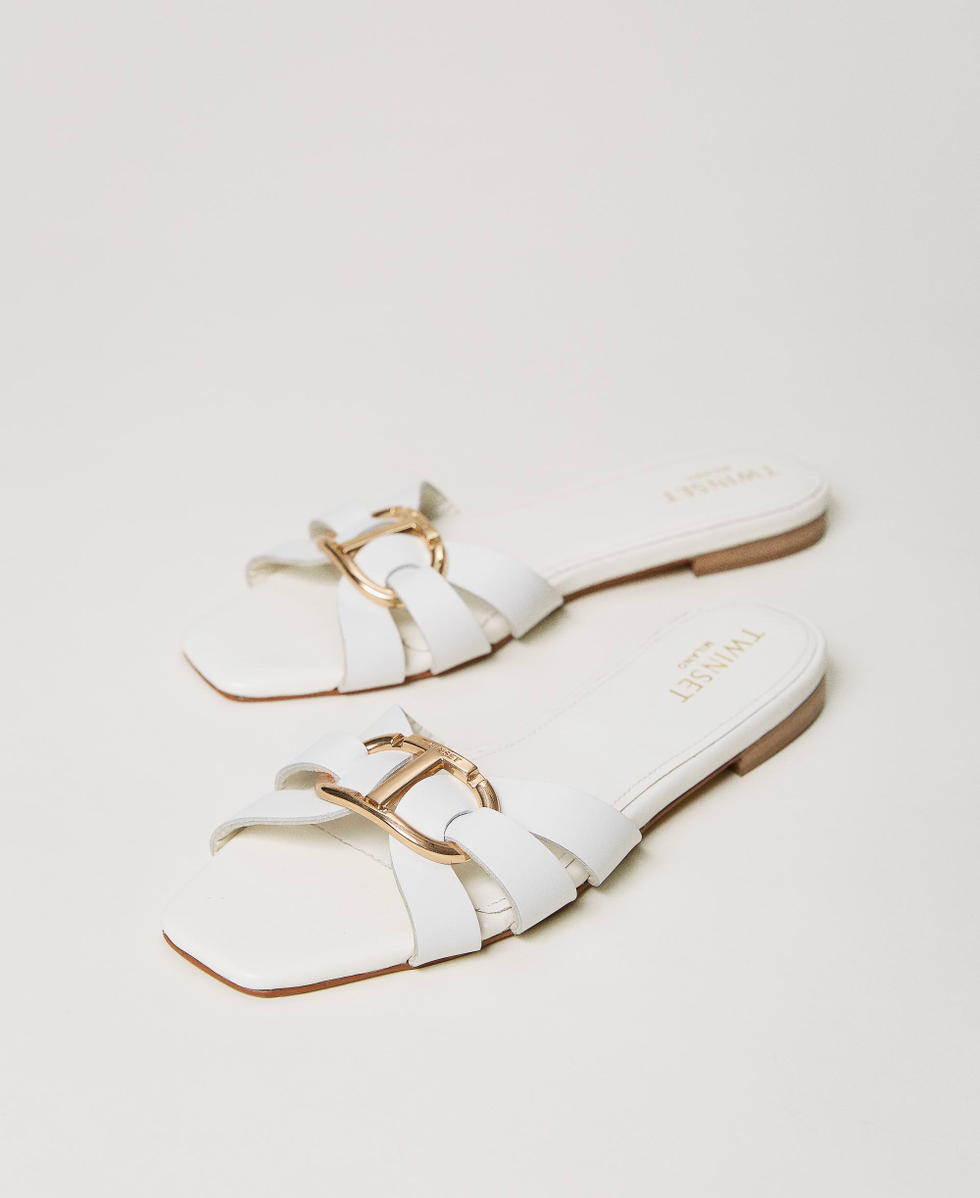 Leather slides with Oval T White Woman 241TCT120_00001_02